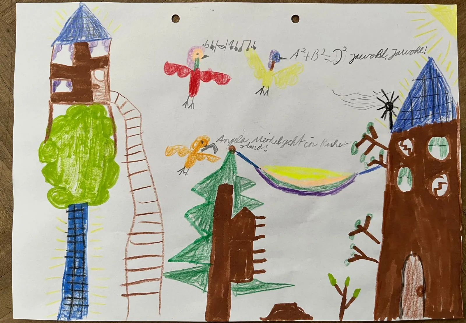 Kinderzeichnung von Anıl Sevim (2015): bunte Türme, Bäume, Vögel und eine Hängematte in der Sonne.
